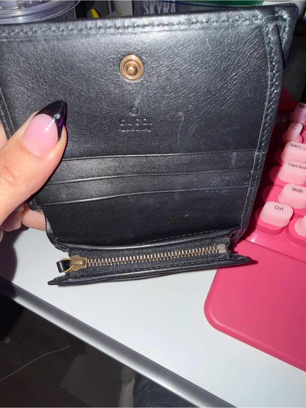 Black Quilted Leather Card Wallet with Gold Hardware - Picture 3 of 5